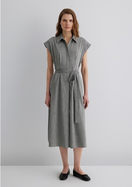 Keten Karışımlı Gri Elbise 1310510-87033