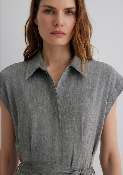 Keten Karışımlı Gri Elbise 1310510-87033