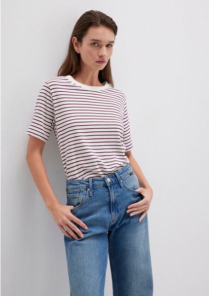 Bordo Çizgili Basic Tişört 1611653-88108