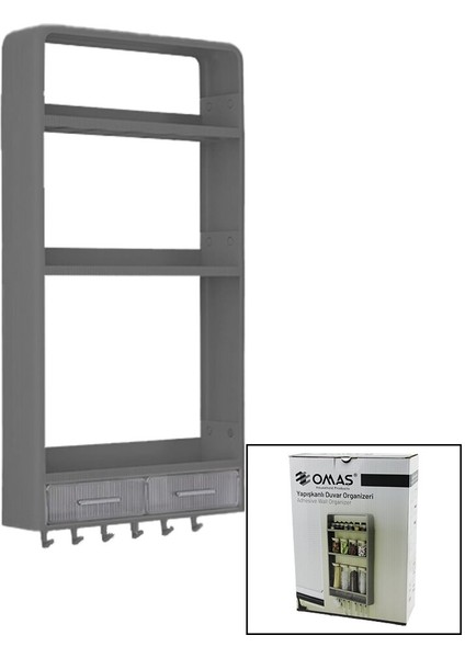 Gri Yapışkanlı Duvar Organizeri Plastik 3 RAF=14CM-19CM-30CM - 2 ÇEKMECE=40CM - 6 Askı 19 Parça (5224)