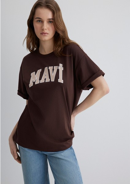 Mavi Logo Baskılı Kahverengi Tişört 1600843-88062