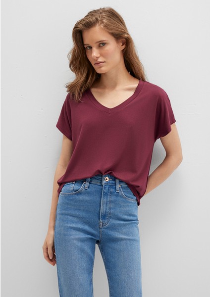V Yaka Bordo Basic Viskoz Tişört 167714-70393