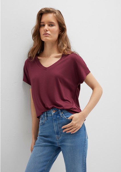 V Yaka Bordo Basic Viskoz Tişört 167714-70393