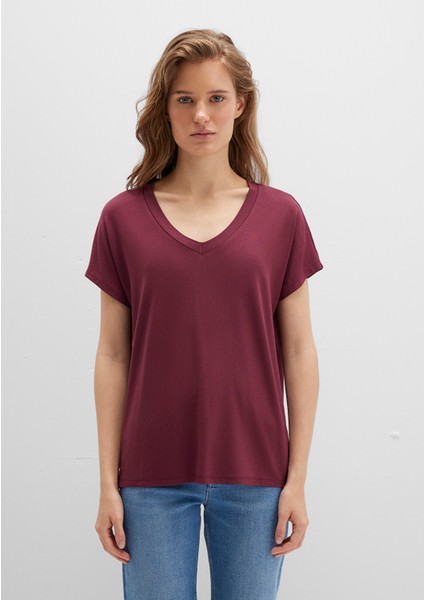 V Yaka Bordo Basic Viskoz Tişört 167714-70393