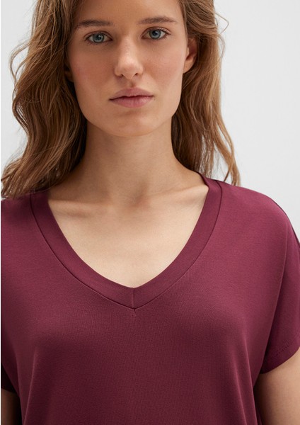 V Yaka Bordo Basic Viskoz Tişört 167714-70393