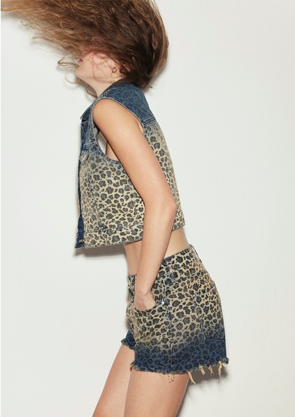 Rosie 90s Indigo Degrade Leopar Desenli Jean Şort 1447488289