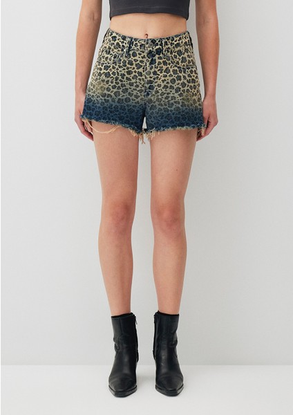 Rosie 90s Indigo Degrade Leopar Desenli Jean Şort 1447488289