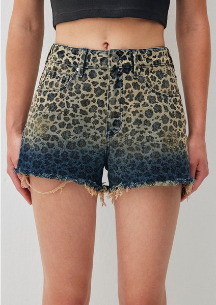 Rosie 90s Indigo Degrade Leopar Desenli Jean Şort 1447488289