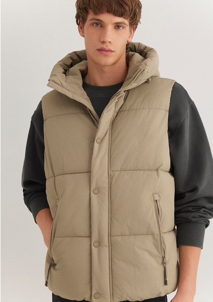 Kapüşonlu Bej Şişme Yelek 0110306-86749