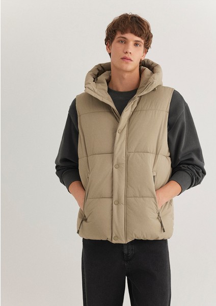 Kapüşonlu Bej Şişme Yelek 0110306-86749