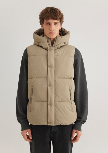 Kapüşonlu Bej Şişme Yelek 0110306-86749