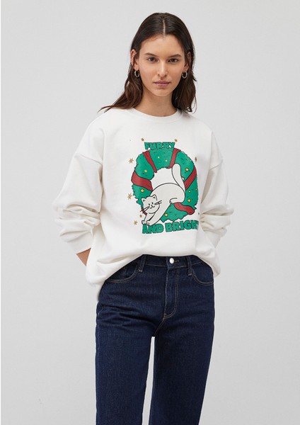 Yılbaşı Kedi Baskılı Beyaz Sweatshirt 1S10332-70057