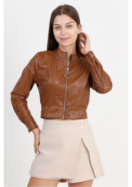 Taba Kadın Deri Crop Ceket Halka Detaylı