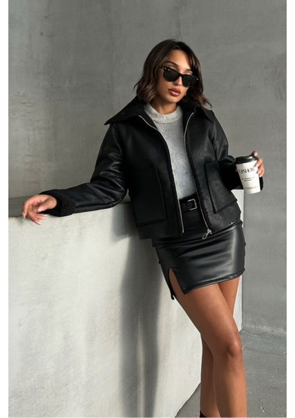 Siyah Kadın Lamine Deri Ceket Modern Premium Luxury Trend Tasarım Mont