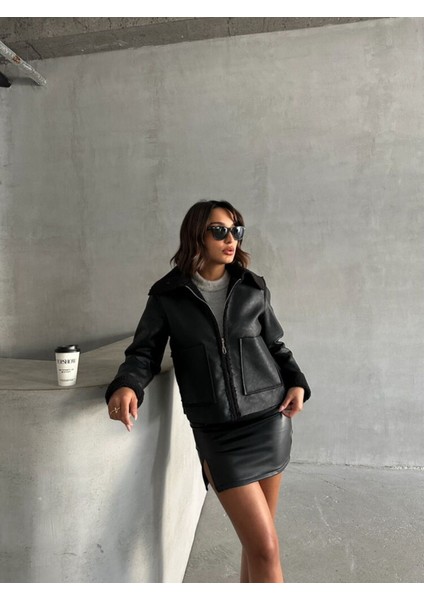 Siyah Kadın Lamine Deri Ceket Modern Premium Luxury Trend Tasarım Mont fiyatları