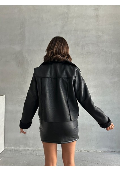 Siyah Kadın Lamine Deri Ceket Modern Premium Luxury Trend Tasarım Mont indirimleri