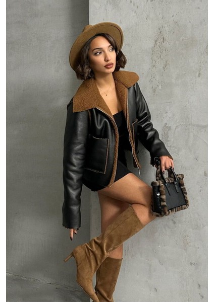 Siyah-Kahve Taş Kadın Lamine Deri Ceket Modern Premium Luxury Trend Tasarım Mont