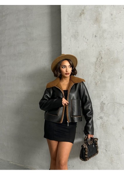 Siyah-Kahve Taş Kadın Lamine Deri Ceket Modern Premium Luxury Trend Tasarım Mont modelleri