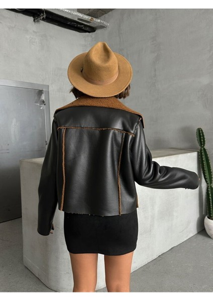 Siyah-Kahve Taş Kadın Lamine Deri Ceket Modern Premium Luxury Trend Tasarım Mont indirimleri