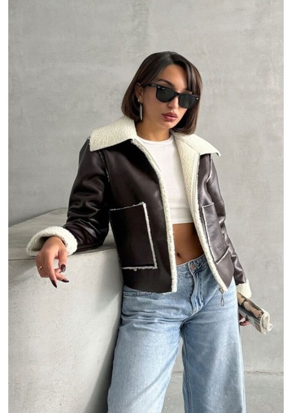 Kahve-Krem Kadın Lamine Deri Ceket Modern Premium Luxury Trend Tasarım Mont