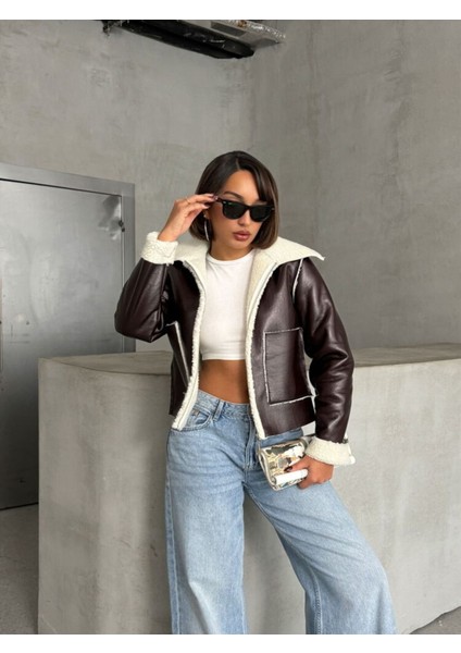 Kahve-Krem Kadın Lamine Deri Ceket Modern Premium Luxury Trend Tasarım Mont fiyatları