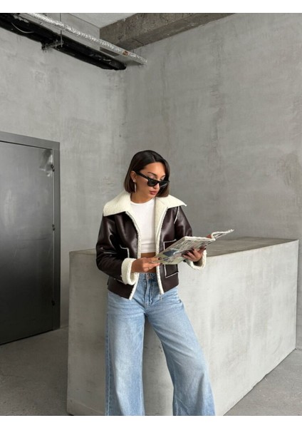 Kahve-Krem Kadın Lamine Deri Ceket Modern Premium Luxury Trend Tasarım Mont modelleri