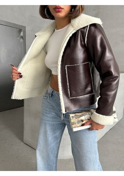 Kahve-Krem Kadın Lamine Deri Ceket Modern Premium Luxury Trend Tasarım Mont fırsatları