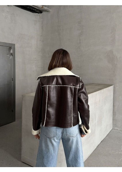 Kahve-Krem Kadın Lamine Deri Ceket Modern Premium Luxury Trend Tasarım Mont indirimleri