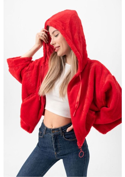 Kadın Kırmızı Kapüşonlu Halka Fermuarlı Saten Kurdele Detaylı Yumuşak Dokulu Peluş Crop Mont Ceket