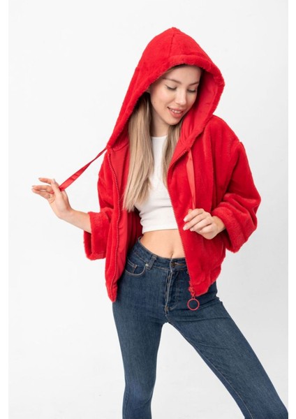 Kadın Kırmızı Kapüşonlu Halka Fermuarlı Saten Kurdele Detaylı Yumuşak Dokulu Peluş Crop Mont Ceket fiyatları