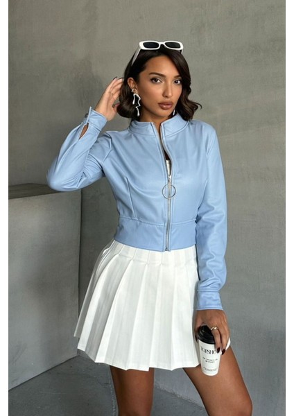 Mavi Kadın Deri Crop Ceket Halka Detaylı