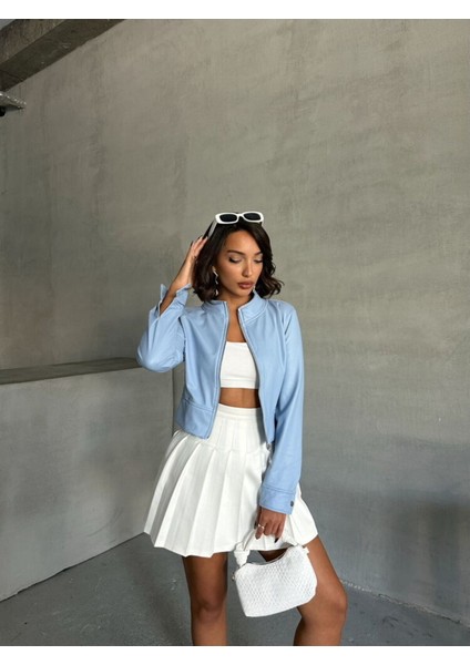 Mavi Kadın Deri Crop Ceket Halka Detaylı modelleri