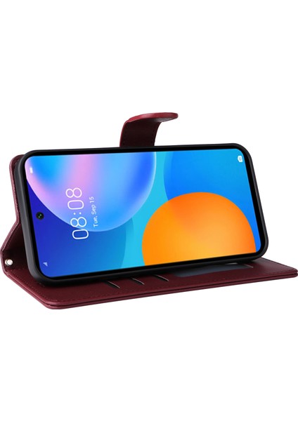 Huawei P Smart 2021 Için El Kayışı ve Kart Yuvalı Premium Deri Cüzdan Kılıf-Kırmızı (Yurt Dışından) fiyatları