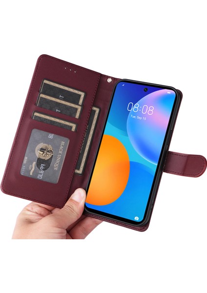 Huawei P Smart 2021 Için El Kayışı ve Kart Yuvalı Premium Deri Cüzdan Kılıf-Kırmızı (Yurt Dışından) indirimleri