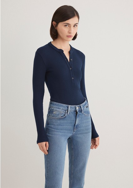 Düğme Detaylı Lacivert Tişört 1612915-82318