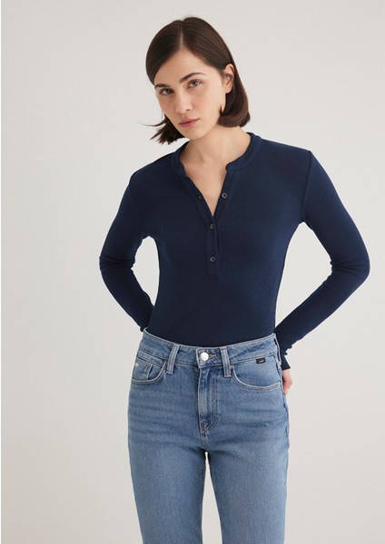 Düğme Detaylı Lacivert Tişört 1612915-82318