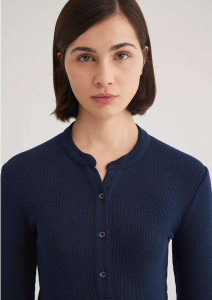 Düğme Detaylı Lacivert Tişört 1612915-82318