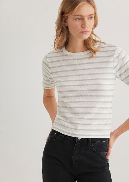 Gri Çizgili Ekru Tişört 1612126-88146