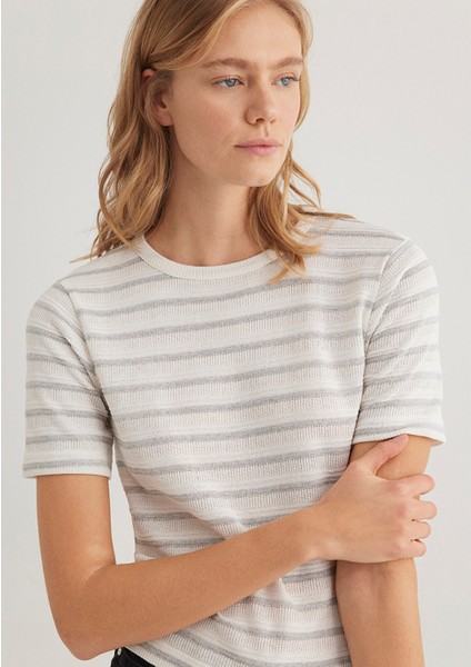 Gri Çizgili Ekru Tişört 1612126-88146