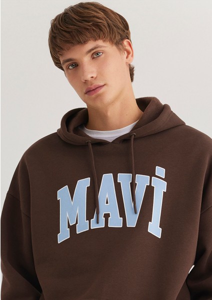 Mavi Logo Baskılı Kapüşonlu Kahverengi Sweatshirt 067149-88067