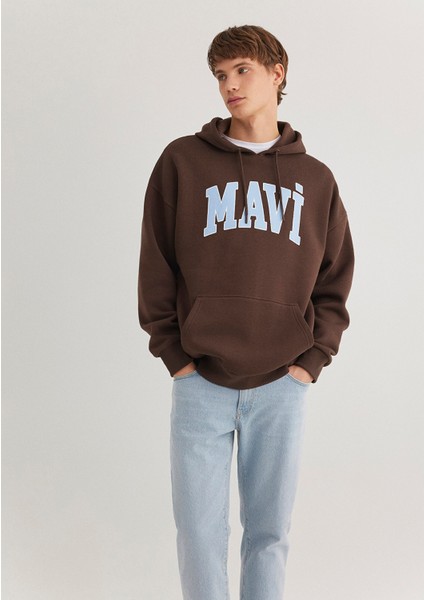 Mavi Logo Baskılı Kapüşonlu Kahverengi Sweatshirt 067149-88067