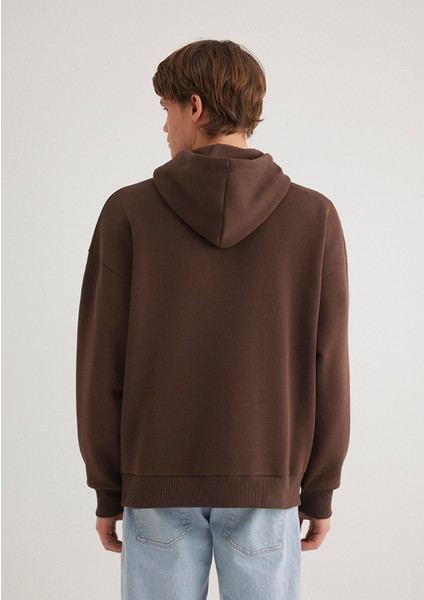 Mavi Logo Baskılı Kapüşonlu Kahverengi Sweatshirt 067149-88067