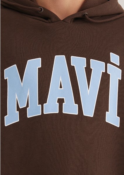 Mavi Logo Baskılı Kapüşonlu Kahverengi Sweatshirt 067149-88067