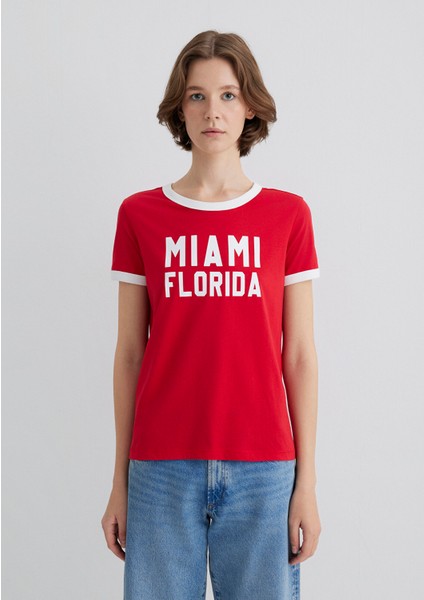 Florida Baskılı Beyaz Biyeli Kırmızı Tişört 1613062-70467