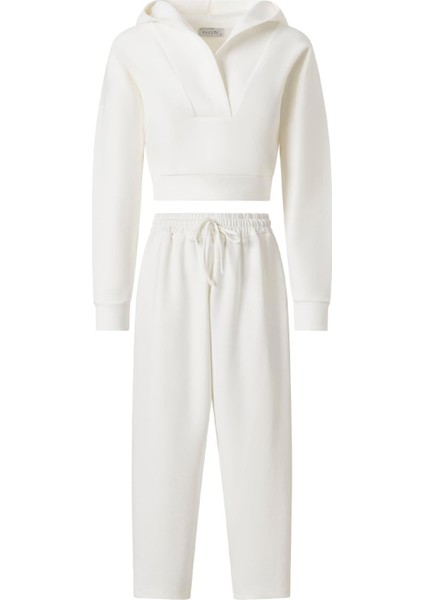 Kadın Ekru Önü Pervazlı Kapüşonlu Takım