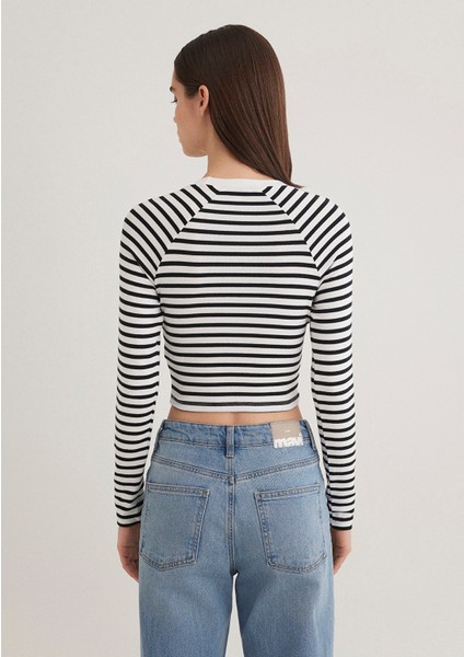 Uzun Kollu Çizgili Crop Basic Tişört 1613041-85586