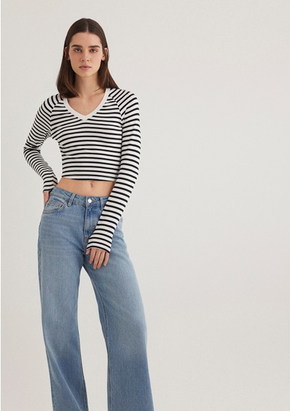 Uzun Kollu Çizgili Crop Basic Tişört 1613041-85586