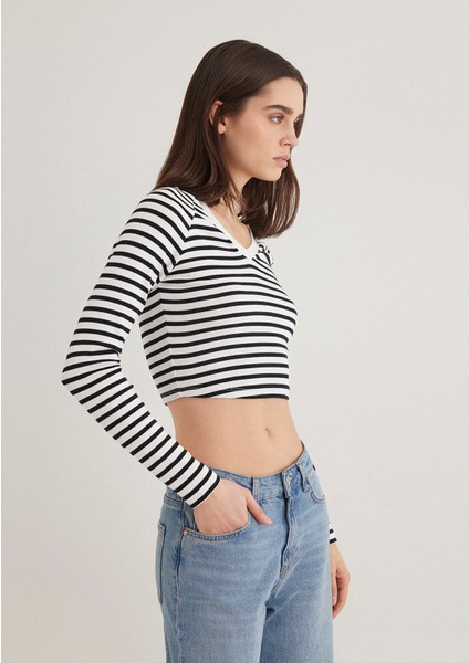Uzun Kollu Çizgili Crop Basic Tişört 1613041-85586