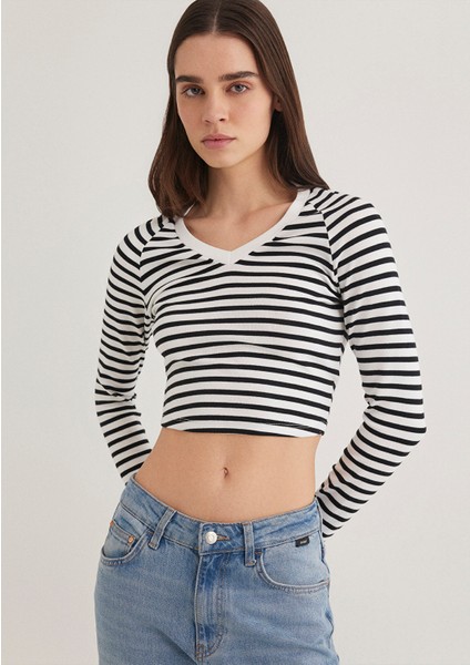 Uzun Kollu Çizgili Crop Basic Tişört 1613041-85586