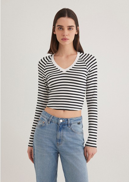 Uzun Kollu Çizgili Crop Basic Tişört 1613041-85586